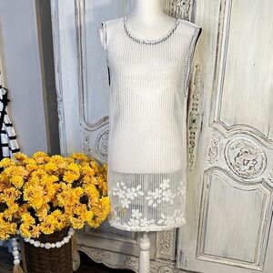 MOMA White Mesh Sleeveless Dress with Floral Appliqué Hem Border